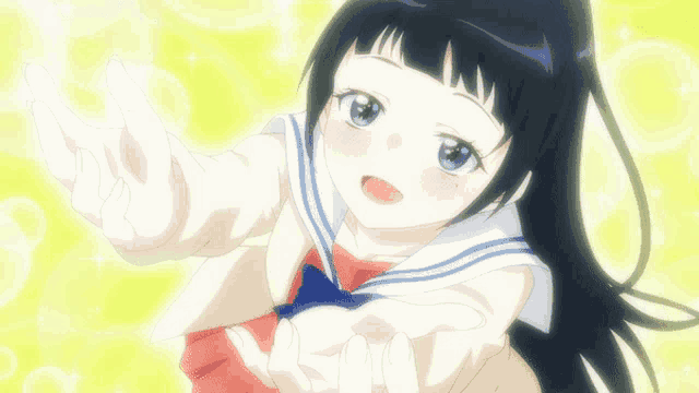 a girl in a sailor suit is reaching out towards something