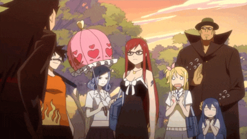 a group of anime characters including a girl with glasses and a pink umbrella with hearts on it