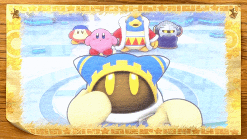 a paper with a picture of a cartoon character and the word " kirby " on it