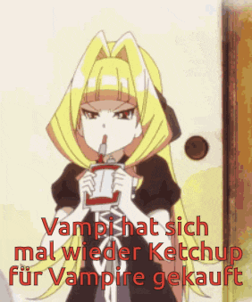 a girl with blonde hair is drinking ketchup from a cup