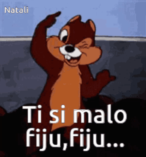 a cartoon chipmunk says ti si malo fiju fiju ...