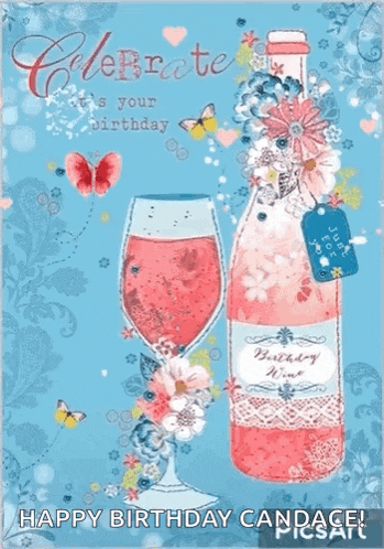 a happy birthday card with a bottle of wine and two glasses