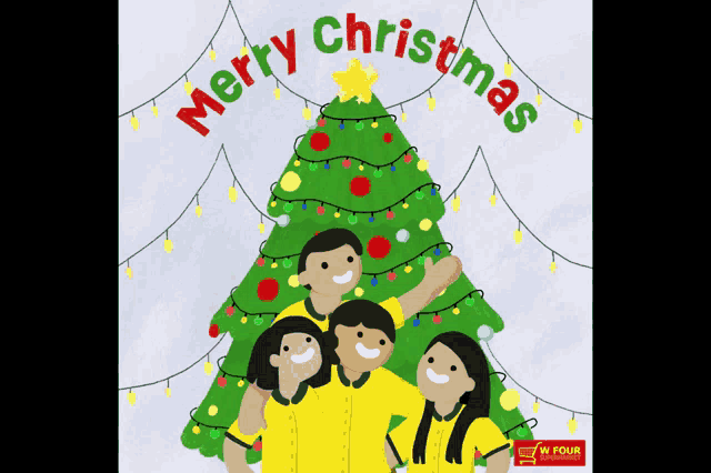 a christmas card with a family in front of a christmas tree and the words merry christmas