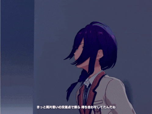 a video game character with purple hair is talking in a japanese language