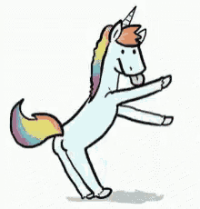 a unicorn with a rainbow mane and tail is standing on its hind legs .