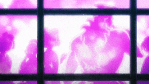 a group of people standing in front of a window with purple lights coming out of it .