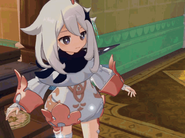a cartoon character with white hair and red sleeves is standing in front of a green wall