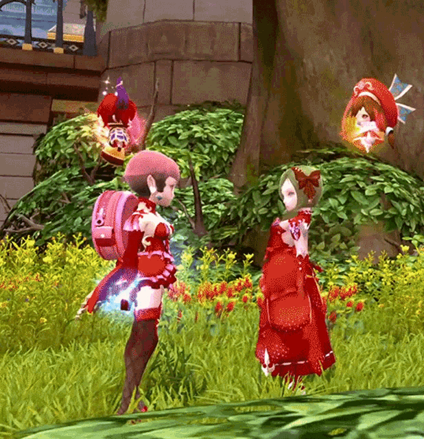 a girl in a red dress is standing next to a boy in a pink hat