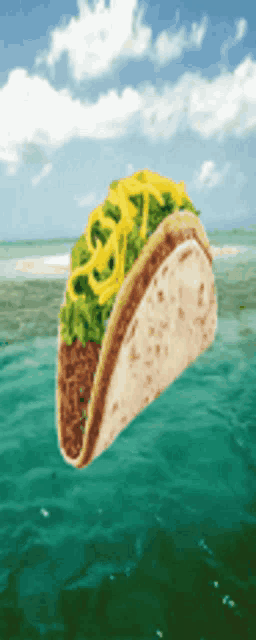 a taco is floating in the ocean with a blue sky in the background