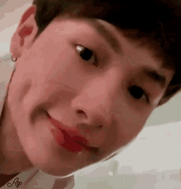 a close up of a young man 's face with a slight smile on his face .