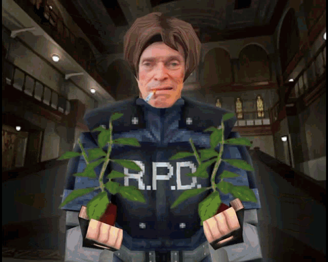 a man with glasses and a half life emblem on his chest holds two eggs