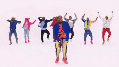 a group of people are dancing together on a pink background