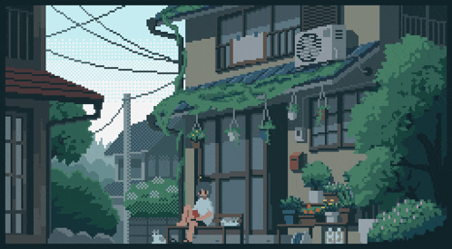 a pixel art of a person sitting on a bench outside a building