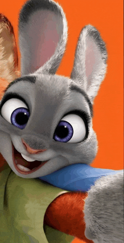 a close up of a cartoon rabbit with purple eyes on an orange background