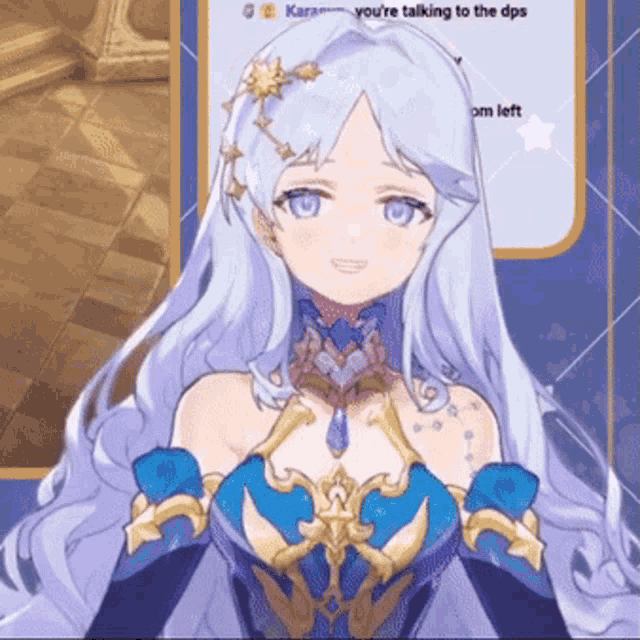 a girl in a blue dress is talking to someone
