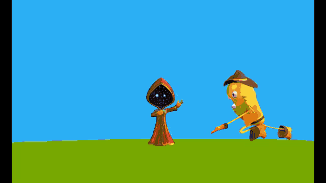 a cartoon character with a sword is standing next to a cartoon character with a hat