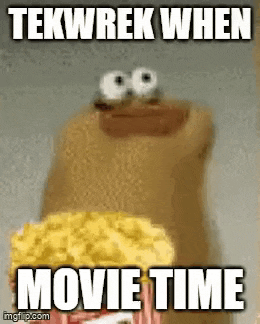 a cartoon character is holding a bag of popcorn and says tekwrek when movie time