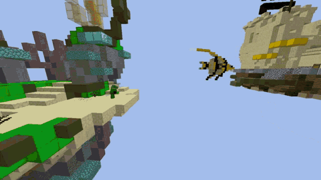 a screenshot of a minecraft game shows a castle and a person in a yellow outfit