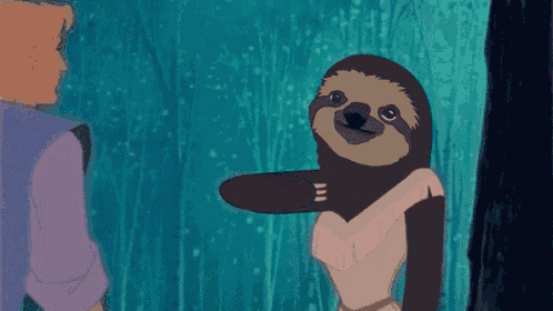 a cartoon of a sloth dressed as a woman standing next to a man