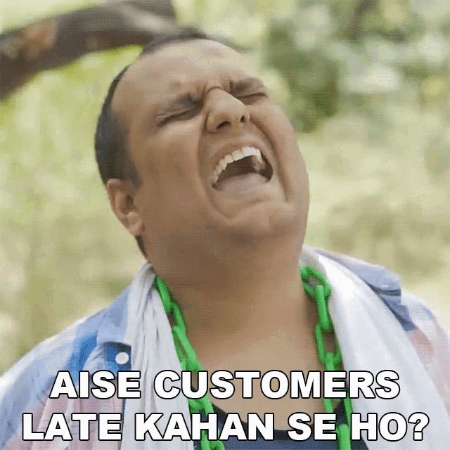a man with a green chain around his neck is making a funny face with the caption ' aise customers late kahan se ho '