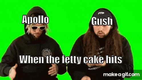 two men are standing next to each other on a green screen and they are talking about when the fetty cake hits .