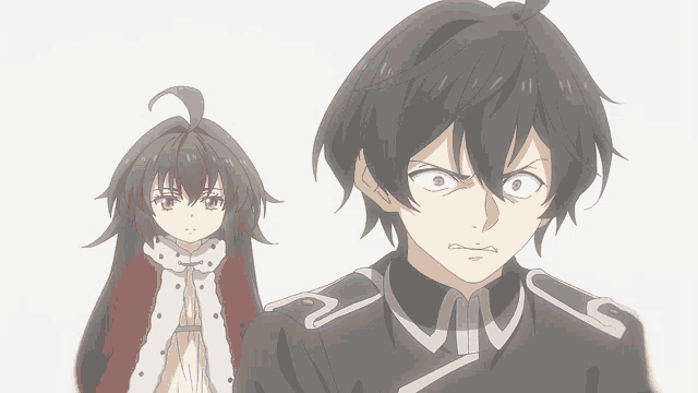 a boy and a girl are standing next to each other and the girl is wearing a red coat