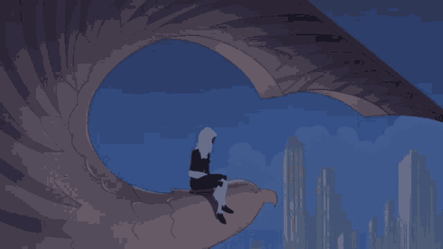 a cartoon of a man sitting on a bird while another man is flying through the air