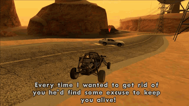 a video game screen shows a buggy driving down a desert road
