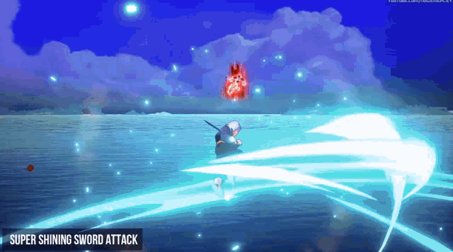 a video game shows a super shining sword attack in progress