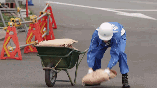 a man wearing a hard hat is pushing a wheelbarrow with a bag in it