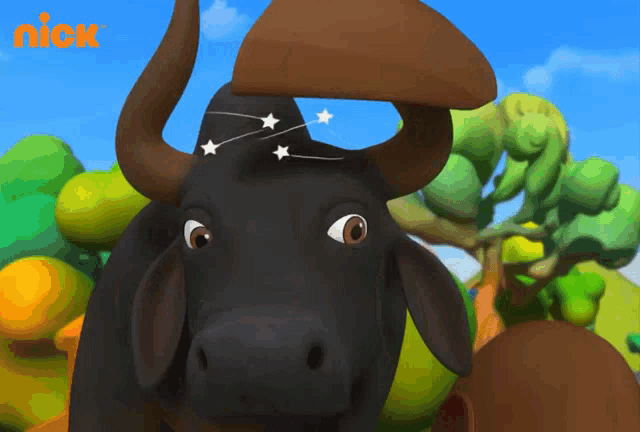 a cartoon of a bull with a nick logo on the bottom
