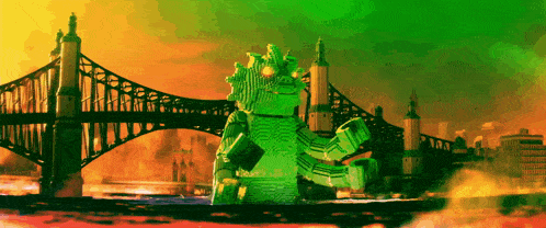a green monster is in front of a bridge