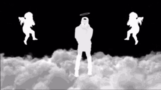 a silhouette of a man with a halo on his head stands in the clouds