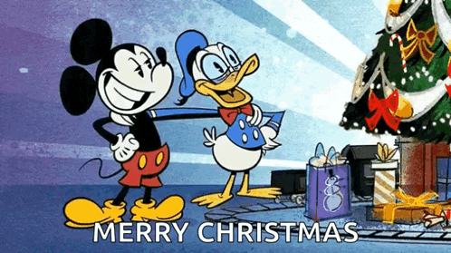 mickey mouse and donald duck are standing next to each other with the words merry christmas below them