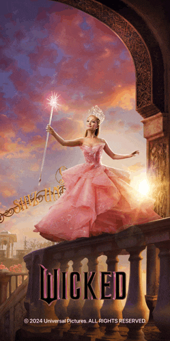 a poster for the musical wicked shows a woman in a pink dress