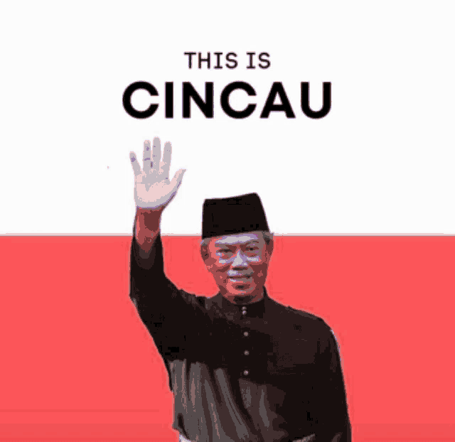 a man in a black shirt and black hat is waving his hand in front of a red and white background that says this is cincau