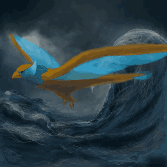 a bird with blue and yellow wings is flying over the ocean