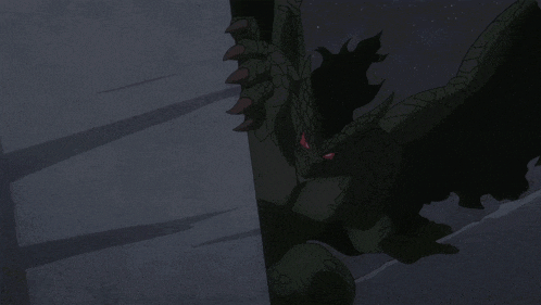 a monster with wings and red eyes is flying through the air .