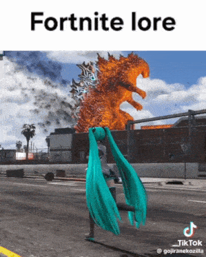 a picture of hatsune miku standing in front of a fire monster that says fortnite lore on it