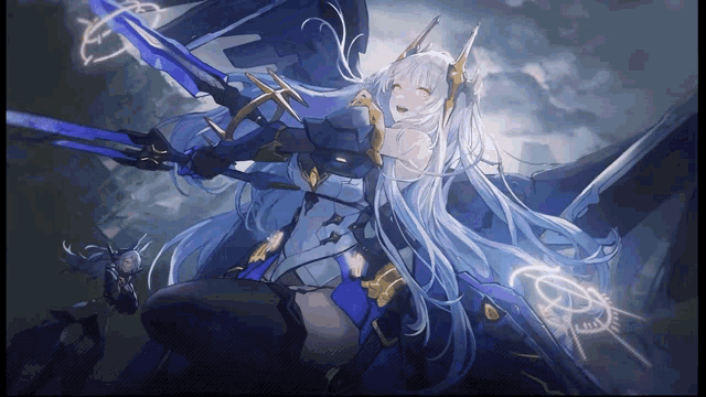 a drawing of a girl with long white hair and a sword