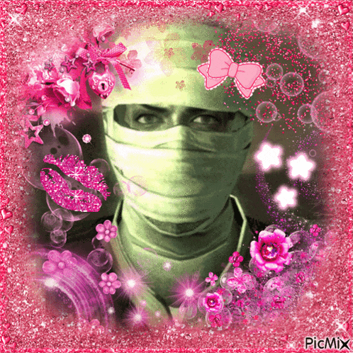 a picture of a man wearing a bandage on his face is surrounded by pink flowers
