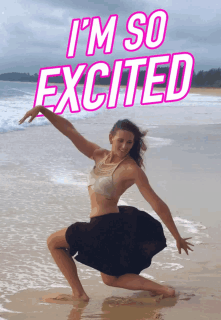 a woman on a beach with the words i 'm so excited behind her
