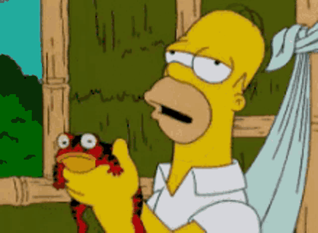 a cartoon of homer simpson holding a frog in his hand
