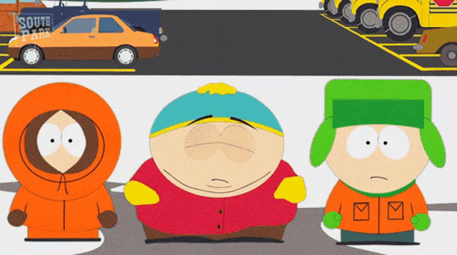 three south park characters are standing in front of a parking lot