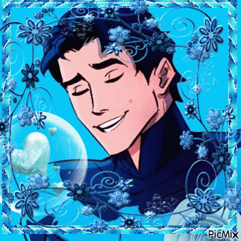 a picture of a man with his eyes closed surrounded by blue flowers and a heart