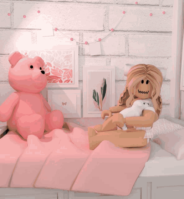 a girl sits on a bed with a pink teddy bear and a white cat
