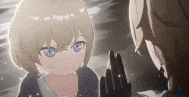 a girl with blonde hair and purple eyes looks at herself in a mirror