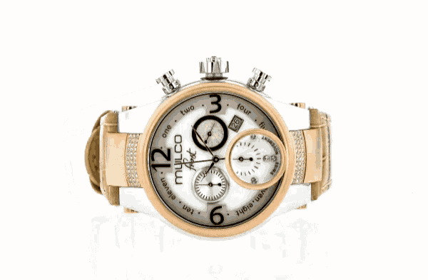 the back of a mulco watch with a brown leather strap