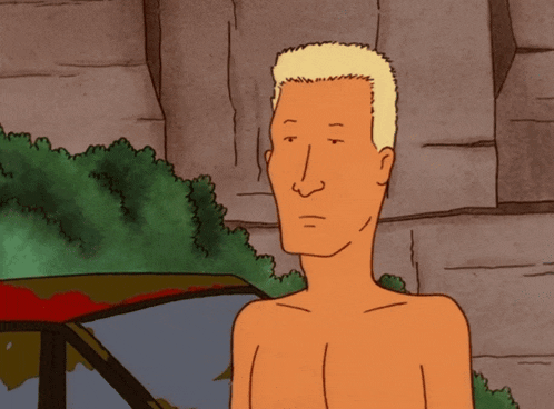a cartoon of a man without a shirt standing in front of a car