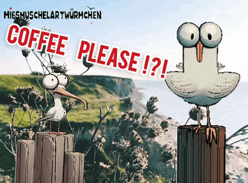 a cartoon of a seagull standing on a wooden post asking for coffee